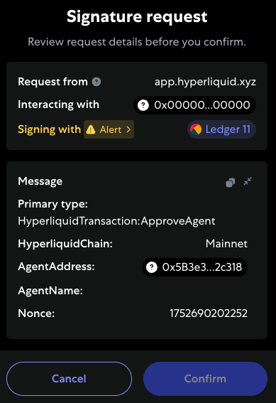 A message signing request from Hyperliquid